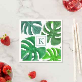 Serviette En Papier Monogramme moderne Vert Palm Feuille