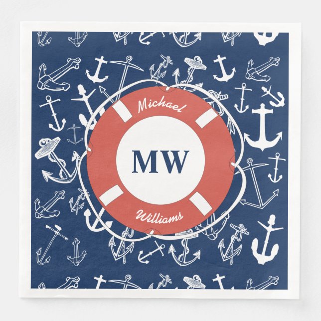 Serviette En Papier Monogramme nautique Ancre bleu marine Motif (Devant)