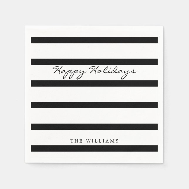 Serviette En Papier Monogramme noir & blanc moderne Stripe Happy Holid (Devant)