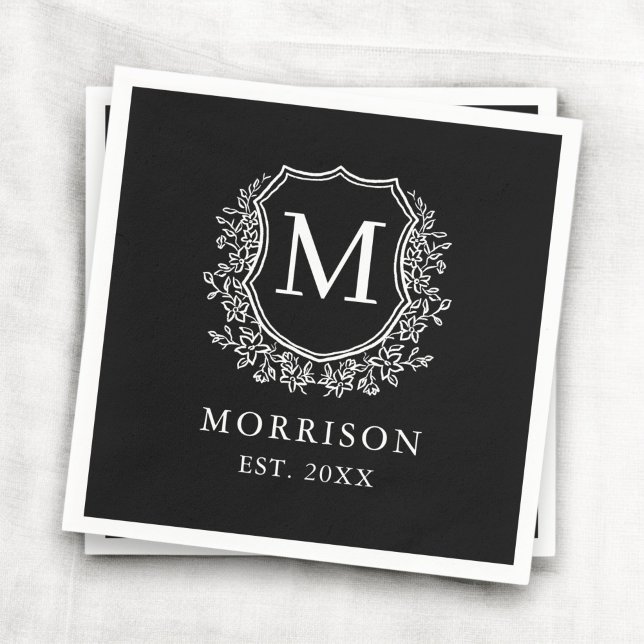 Serviette En Papier Monogramme Noir Crest Mariage botanique moderne (Créateur téléchargé)