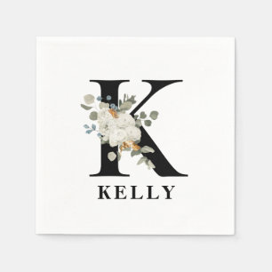 Serviette En Papier Monogramme noir floral blanc K