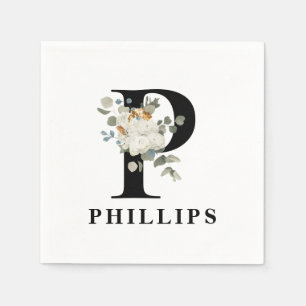 Serviette En Papier Monogramme noir floral blanc P