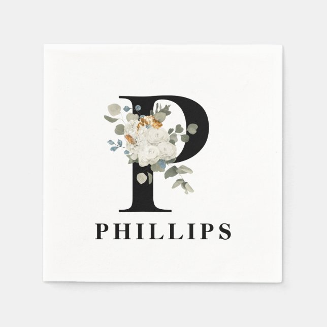 Serviette En Papier Monogramme noir floral blanc P (Devant)