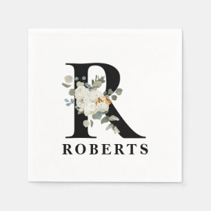 Serviette En Papier Monogramme noir floral blanc R