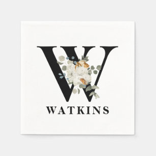 Serviette En Papier Monogramme noir floral blanc W