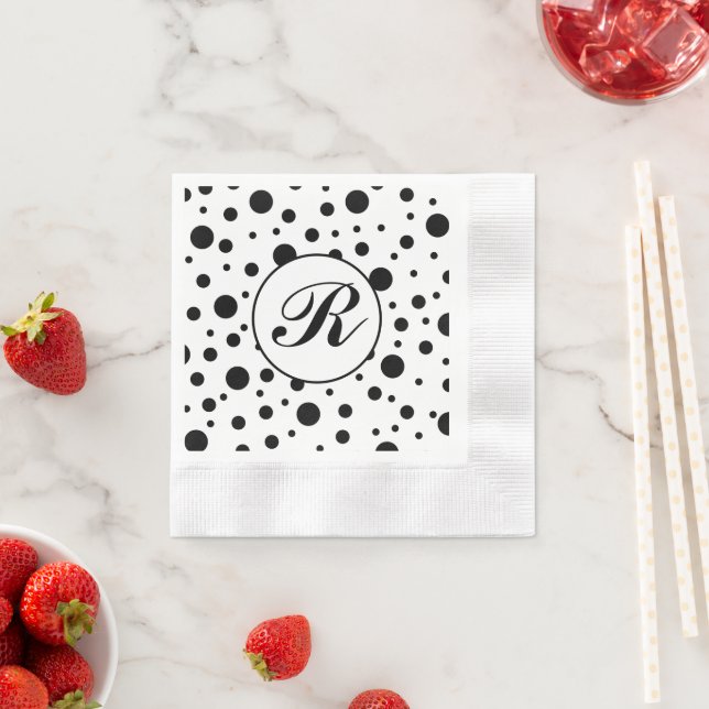 Serviette En Papier Monogramme noir sur blanc Polka Motif point (En situation)