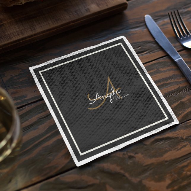 Serviette En Papier Monogramme (nom et initiale) sur Black Standard (modern monogram on black napkins)