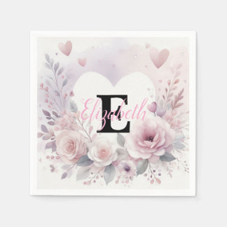 Serviette En Papier Monogramme nom floral cœurs romantique aquarelle