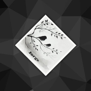 Serviette En Papier Monogramme Oiseaux noirs et blancs simples dans le