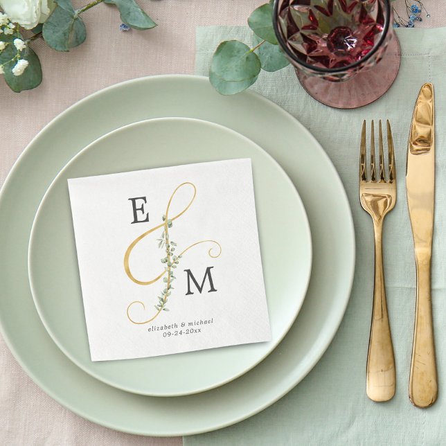 Serviette En Papier Monogramme or Ampersand Eucalyptus Mariage (Créateur téléchargé)
