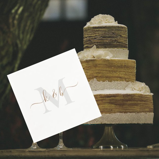 Serviette En Papier Monogramme or et gris Swash Script blanc Cocktail (Créateur téléchargé)