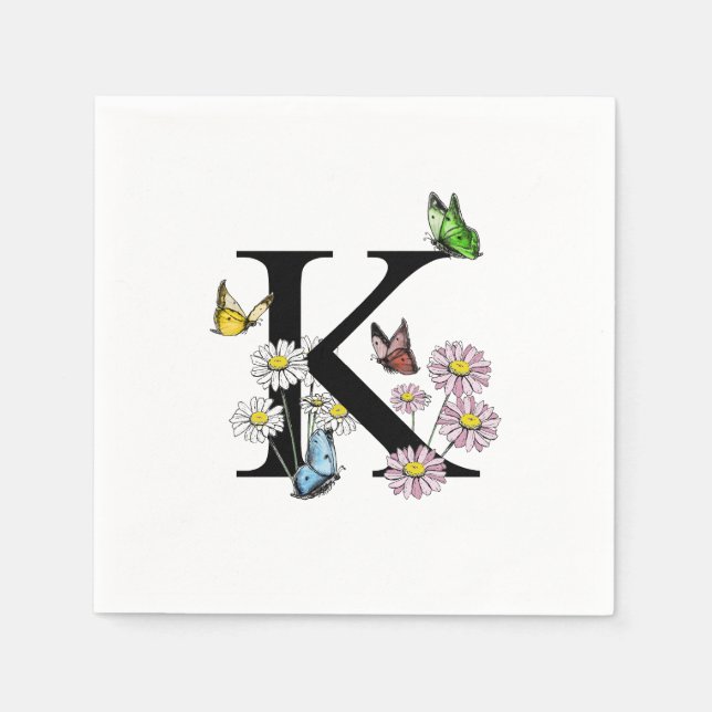 Serviette En Papier Monogramme papillon aquarelle florale lettre K (Devant)