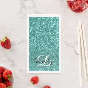 Serviette En Papier Monogramme personnalisé Bokeh Light Teal Pailleté