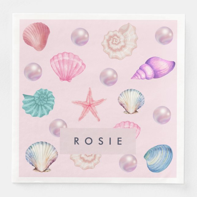 Serviette En Papier Monogramme personnalisé Coastal Seashell Pearl Océ (Devant)