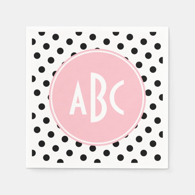 Serviette En Papier Monogramme Pois rose blanc et noir (Devant)