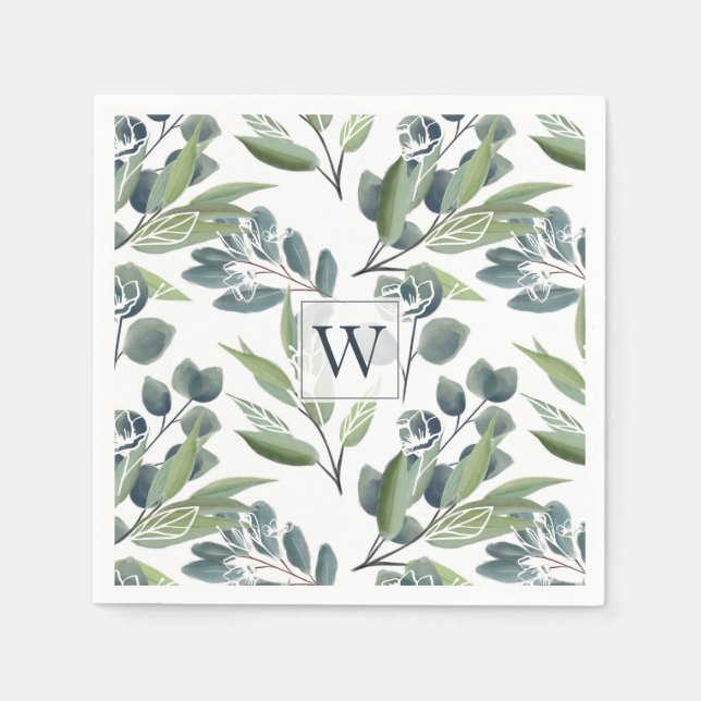 Serviette En Papier Monogramme Première Elégante Aquarelle Foliage d'h (Devant)