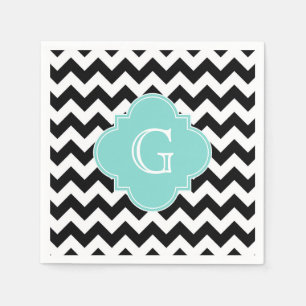 Serviette En Papier Monogramme Quatrefoil blanc noir Chevron Aqua