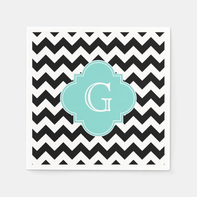 Serviette En Papier Monogramme Quatrefoil blanc noir Chevron Aqua (Devant)