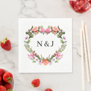 Serviette En Papier Monogramme Romantique Rose coeur floral