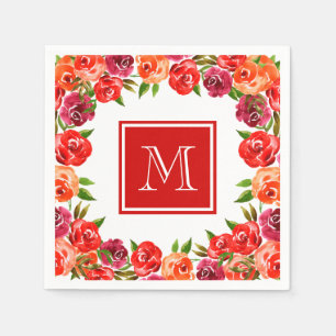 Serviette En Papier Monogramme Rose Rouge Orange Fleurs