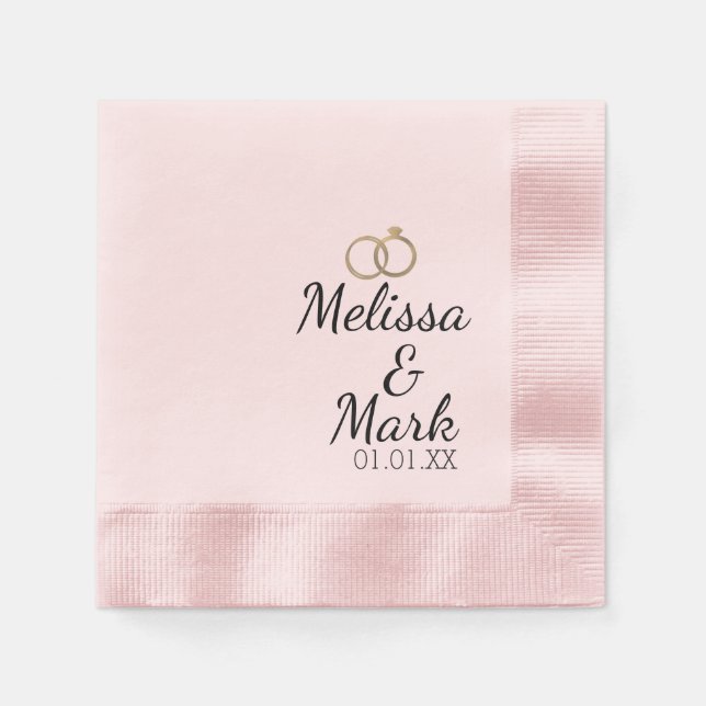 Serviette En Papier Monogramme rose simple à anneaux or Mariage minima (Devant)