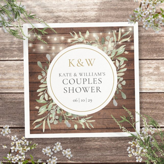 Serviette En Papier Monogramme rustique Couples de verdure Wedding sho (Rustic Monogram Greenery Couples Wedding Shower Napkins)