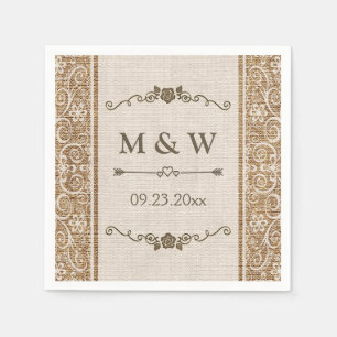 Serviette En Papier Monogramme Rustique Mariage de dentelle Burlap