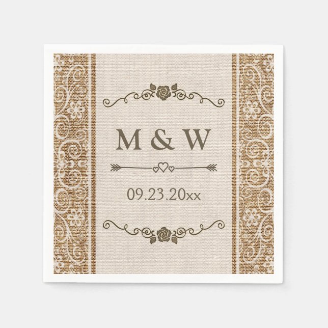 Serviette En Papier Monogramme Rustique Mariage de dentelle Burlap (Devant)