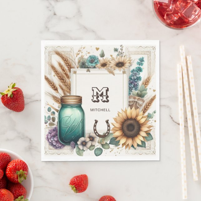 Serviette En Papier Monogramme rustique Mason Jar Tournesols (En situation)