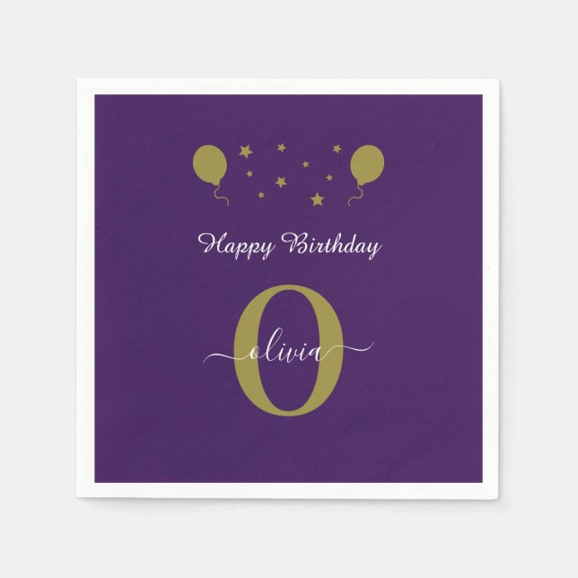 Serviette En Papier Monogramme Script Joyeux Anniversaire Purple Blanc (Devant)