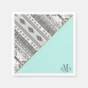 Serviette En Papier Monogramme tribal aztèque blanc noir de turquoise