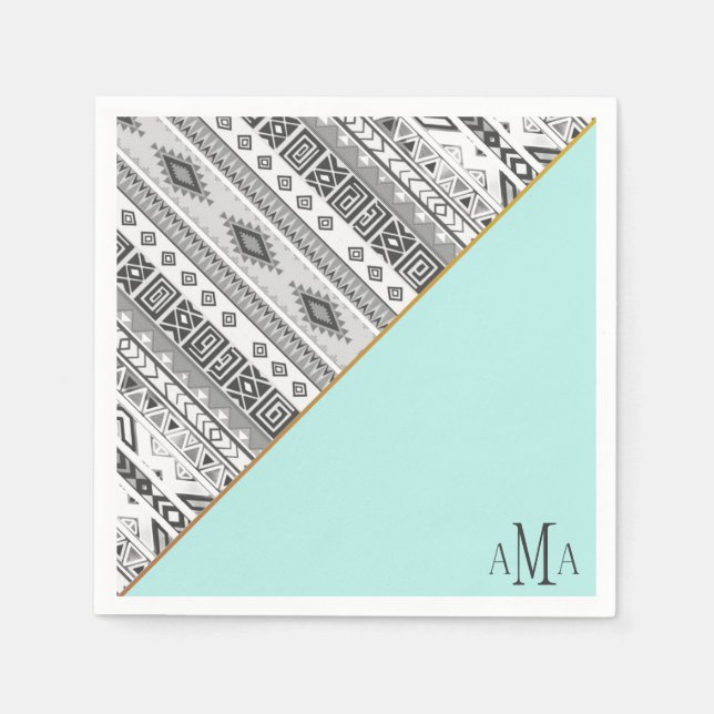 Serviette En Papier Monogramme tribal aztèque noir turquoise (Devant)