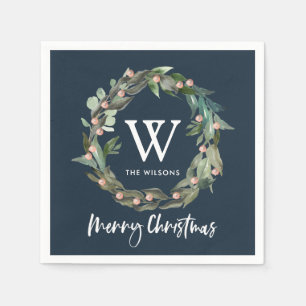 Serviette En Papier Monogramme Verdure couronne Noël Vacances Marine