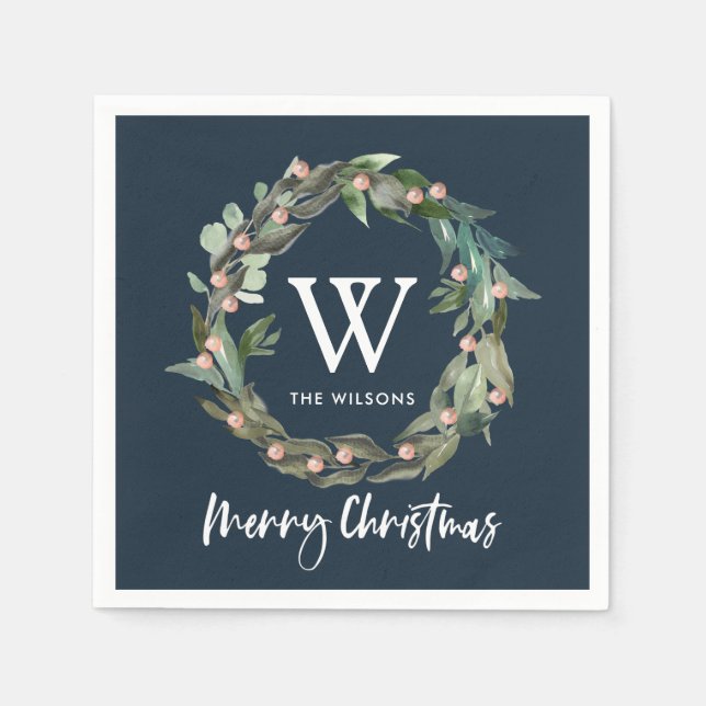 Serviette En Papier Monogramme Verdure couronne Noël Vacances Marine (Devant)