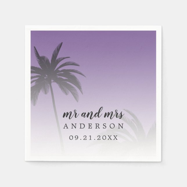 Serviette En Papier Monogramme Violet Tropical Palm Tree Beach Mariage (Devant)