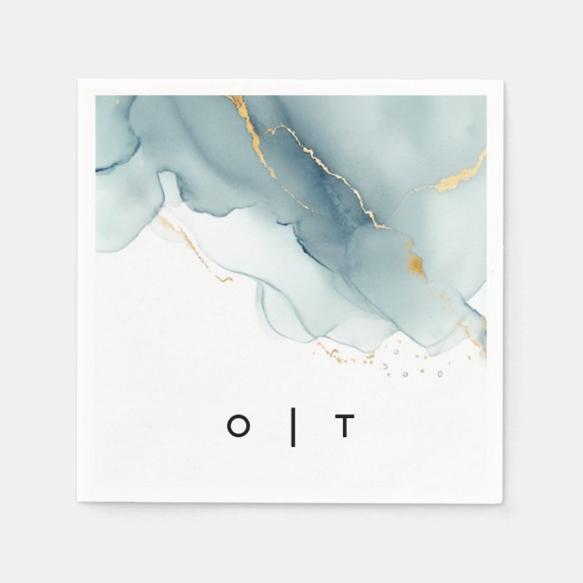 Serviette En Papier Monogrammes d'or bleu Dusty moderne Plage Mariage (Devant)