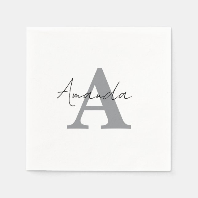 Serviette En Papier Monogrammes Simple Élégant Minimal Gris Noir Blanc (Devant)
