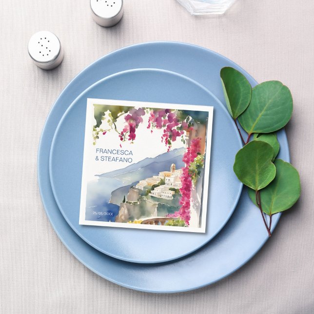 Serviette En Papier Monographie méditerranéenne de la côte amalfitaine (Amalfi coast Mediterranean themed bridal shower wedding monogram printed Napkins)