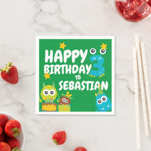 Serviette En Papier Monster Fun Trois Anniversaire Personnalisé
