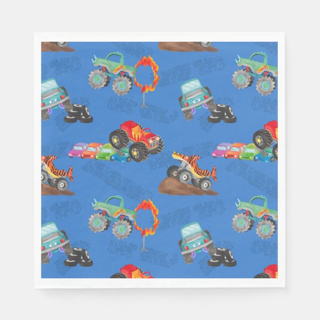 Serviette En Papier Monster Truck Stunts Aquarelle Motif bleu (Devant)
