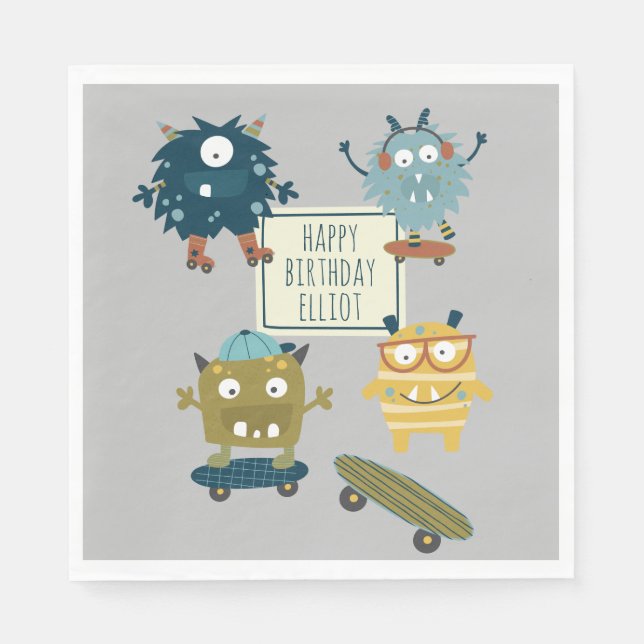 Serviette En Papier Monstres de skateboard personnalisés Anniversaire (Devant)
