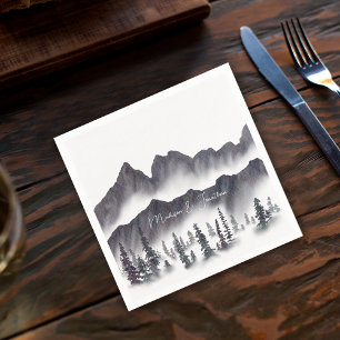Serviette En Papier Montagnes élégantes noir et blanc Forêt rustique