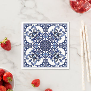Serviette En Papier Mosaïque de majolique sicilienne bleue et blanche