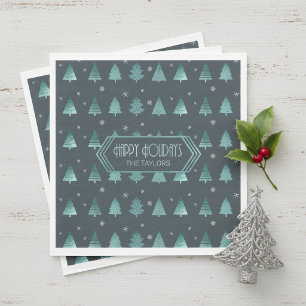 Serviette En Papier Motif Arbres de Noël et Flocons de Neige Teal ID86