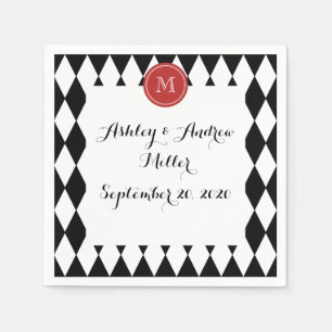 Serviette En Papier Motif Arlequin blanc noir, Monogramme rouge