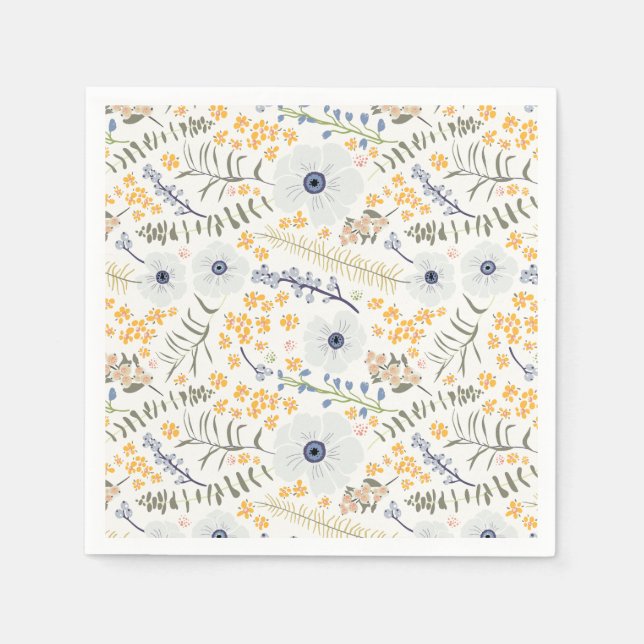 Serviette En Papier Motif botanique fleurs jaunes bleus pour événement (Devant)