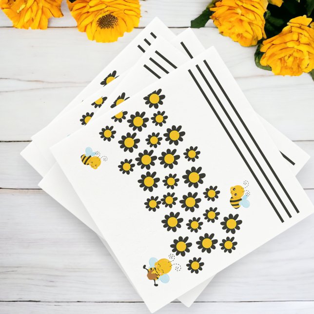 Serviette En Papier Motif d'abeilles à Fleur Jaune (Yellow Black Flower Bee Pattern Napkins from Ricaso)