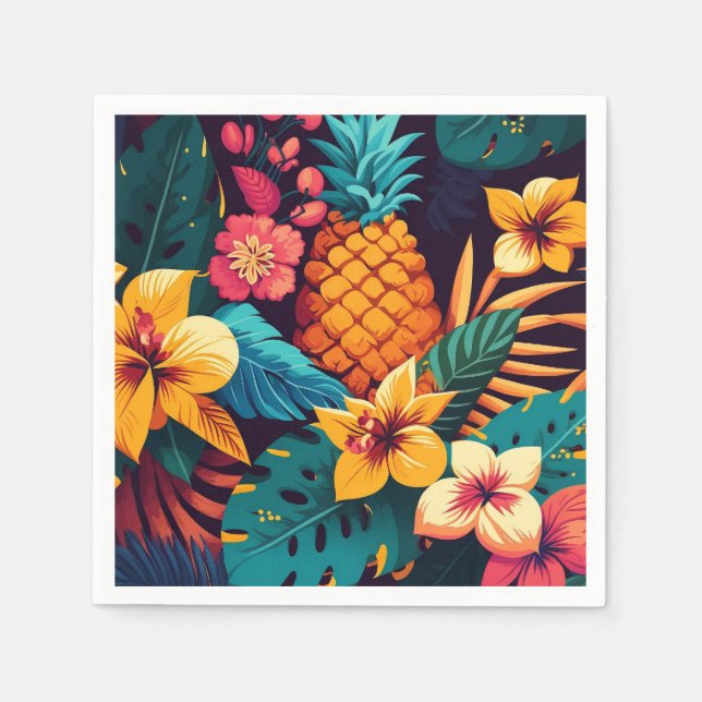Serviette En Papier Motif d'ananas à fleurs tropicales hawaïennes (Devant)