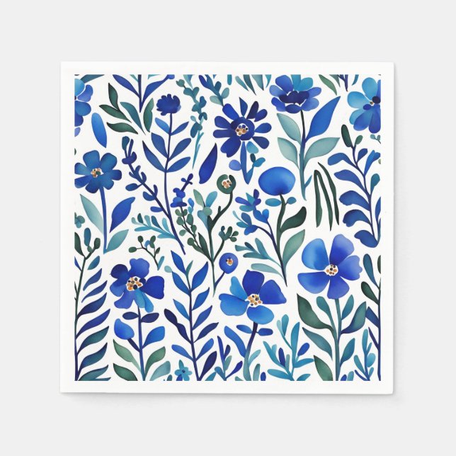 Serviette En Papier Motif d'aquarelle aux fleurs bleues (Devant)
