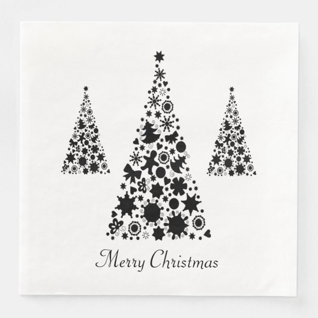 Serviette En Papier Motif d'arbre de Noël noir moderne (Devant)